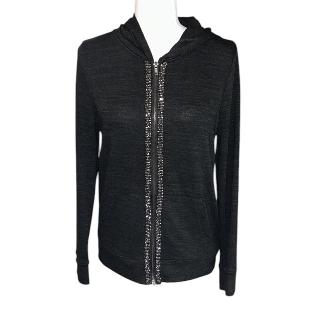 Juicy Couture Gray Sweater Knit Rhinestone Bling Embellished Hoodie Cardigan - S